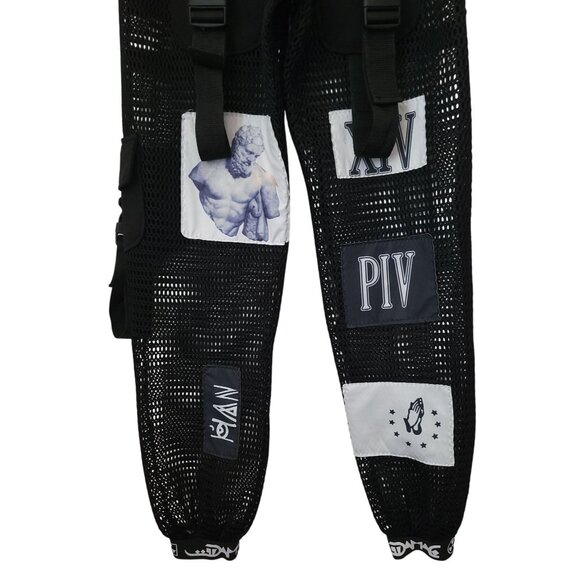 Black Mesh Streetwear Hip Hop Patchwork Cargo Pants w/ Buckle Detail Unisex Sz M - Picture 5 of 12
